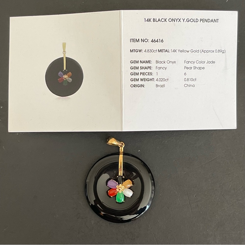 New 14K Yellow Gold Black Onyx with fancy color jade Flower pendant.